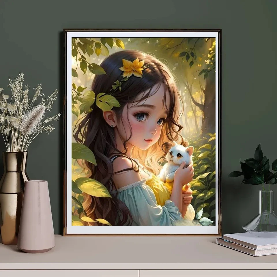 Diamond Painting Cute Girl And Cat Dog DIY Cross Stitch Embroidery Sets Full Round/Square Diamond Mosaic Portrait Decor W32