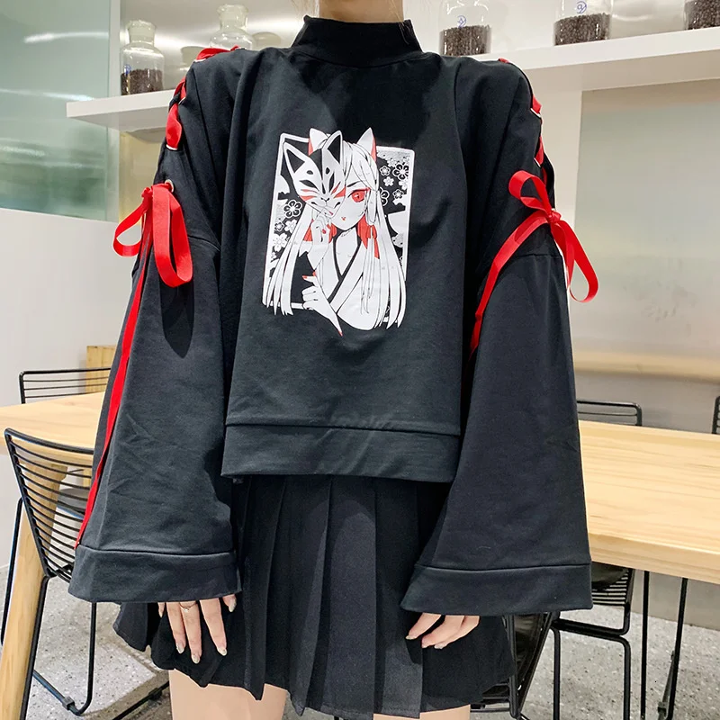 Spring Japanese Cartoon Fox Girl Print Hoodie Harajuku Women Gothic Ribbon Lace Up Flare Sleeve Kawaii Thin Pullover Sweatshirt