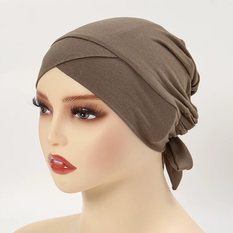 Criss Cross Modal Muslim wanita Turban warna Solid peregangan dalam jilbab topi siap untuk dipakai wanita kepala syal dasi belakang bawah Bonnet