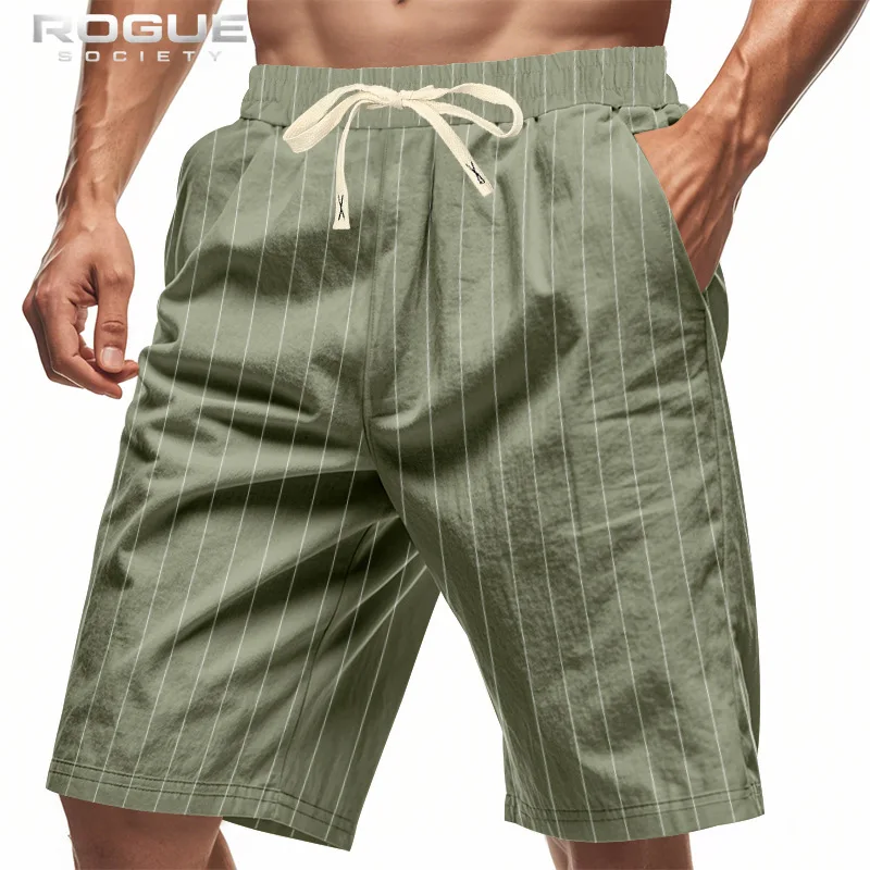 

Breathable Knee Streetwear Vacation Pants American Linen Striped Shorts Men Summer Loose Beach Casual Drawstring Sport Harajuku