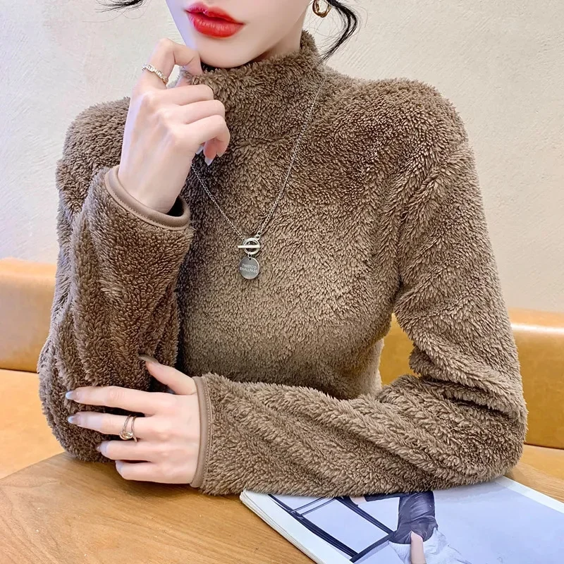 Feminine Half High Collar Tshirt Coat Autumn Winter Ladies Double Sided Coral Fleece T-shirt Retro Women Long Sleeves Shirt Tops