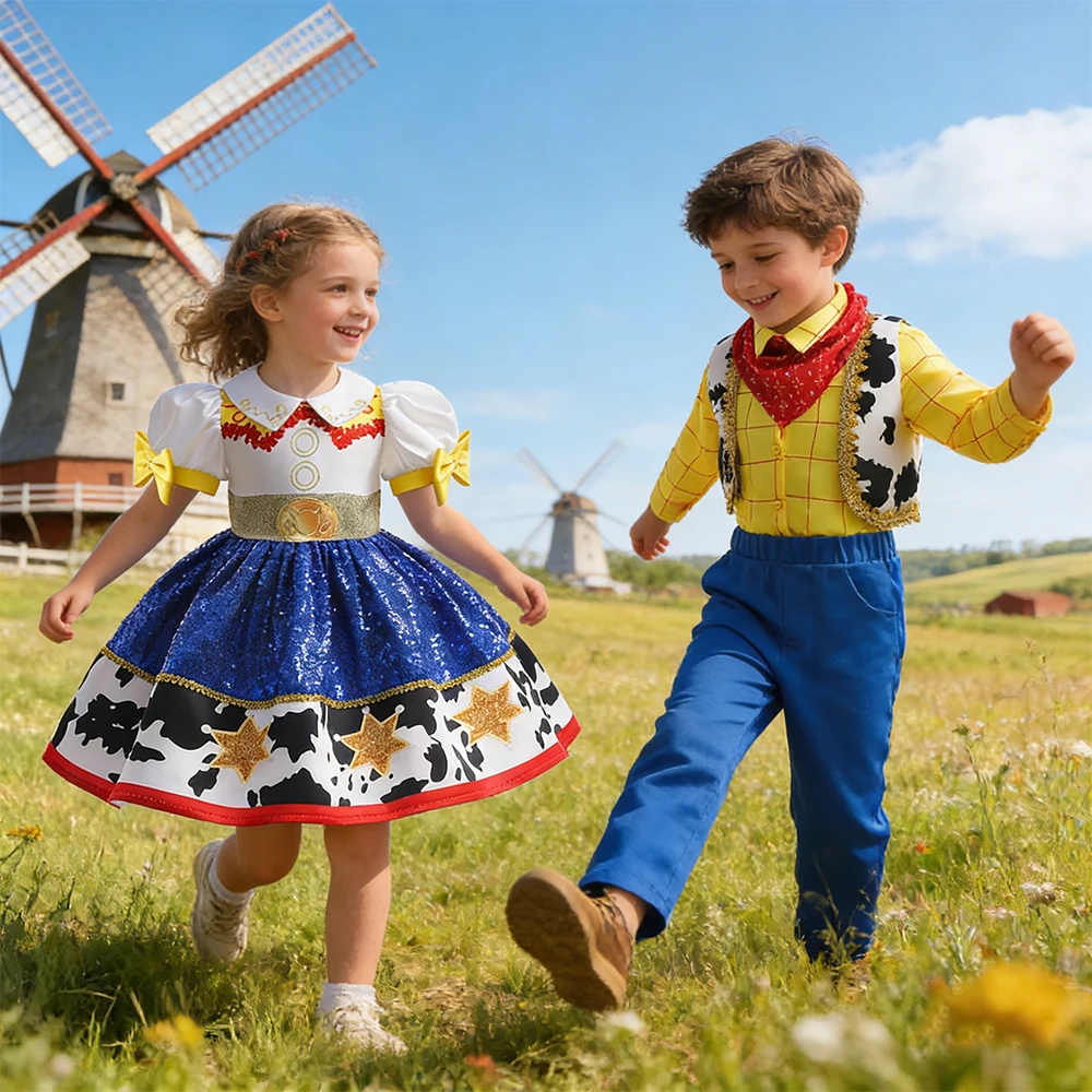 

Новый летний костюм для детей 2026: Наряды Джесси и Вуди для косплея, комплекты ковбойских костюмов для мальчиков и девочек, детские наряды для выступлений, на день рождения