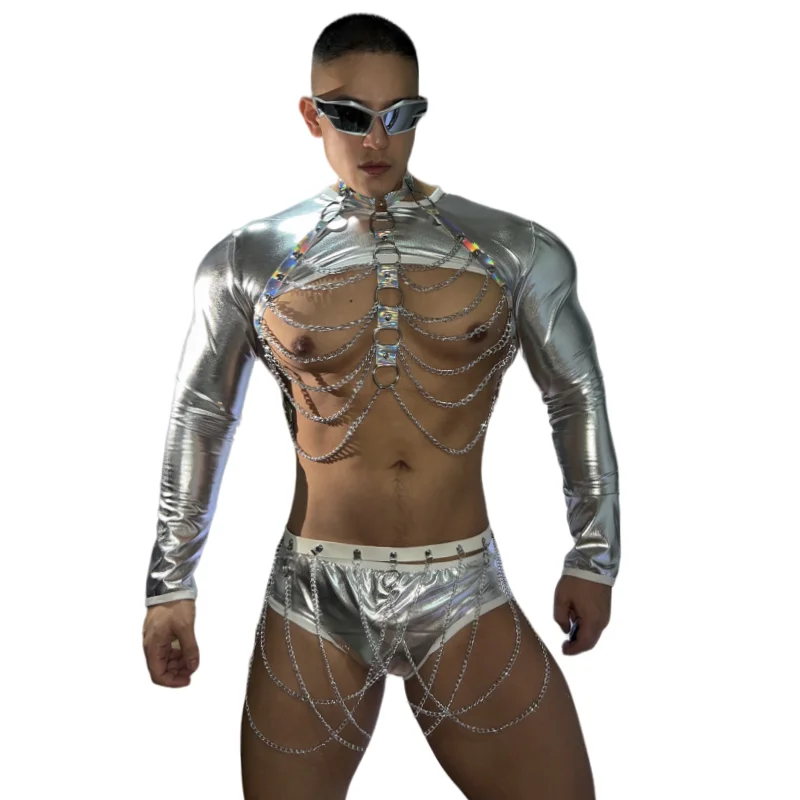 

Bar Nightclub Gogo Dancer Sexy Stage Performance Costume DJ Pole Dance Club Party Rave Outfit Silver Laser Tops Shorts 4 Pieces