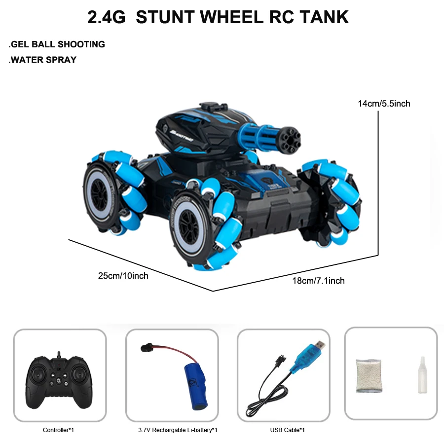 2.4G long range RC tank with gel ball shooting water spray stunt wheels for 6-18 years kids teenage adult game play