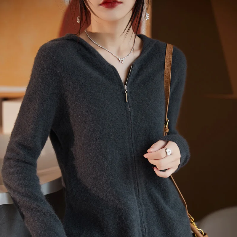 2023 Autumn and Winter Women\'s New Woolen Sweater Knitted Hooded Zipper Cardigan Loose Sweater Coat Top