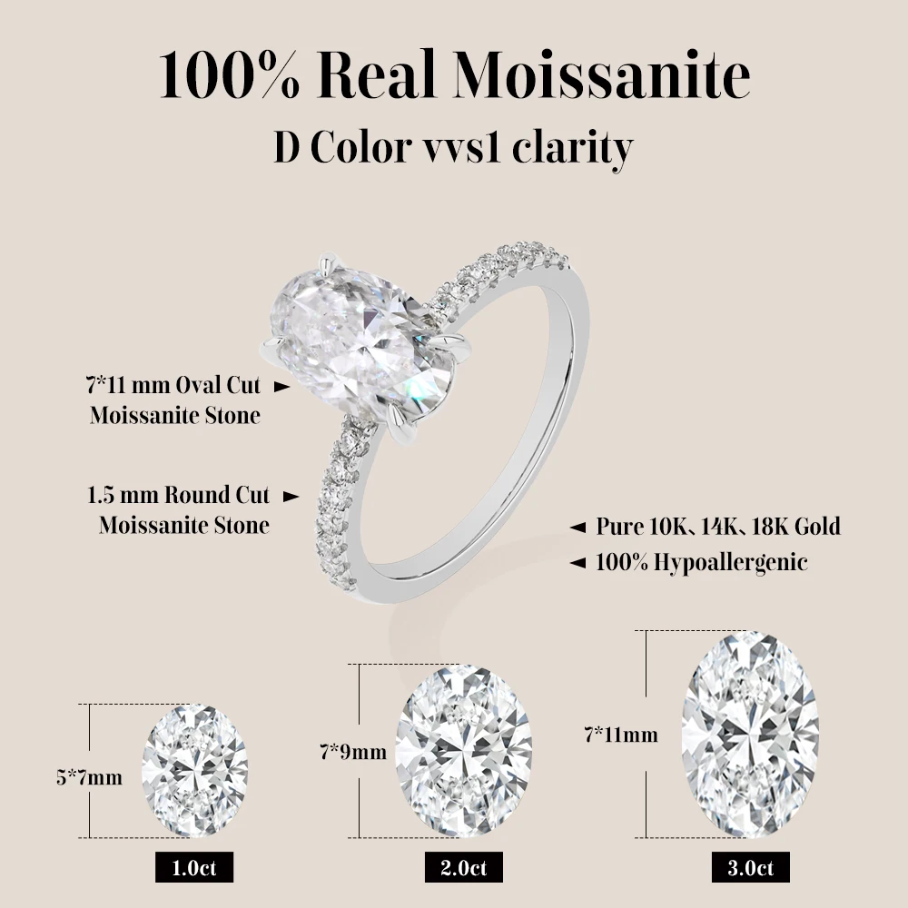 ATTAGEMS Oval Cut 3.0CT Moissanite Ring Solid 10K 14K 18K Gold For Women AU750 Engagement Rings Wedding Bride Fine Jewelry Gifts view 2