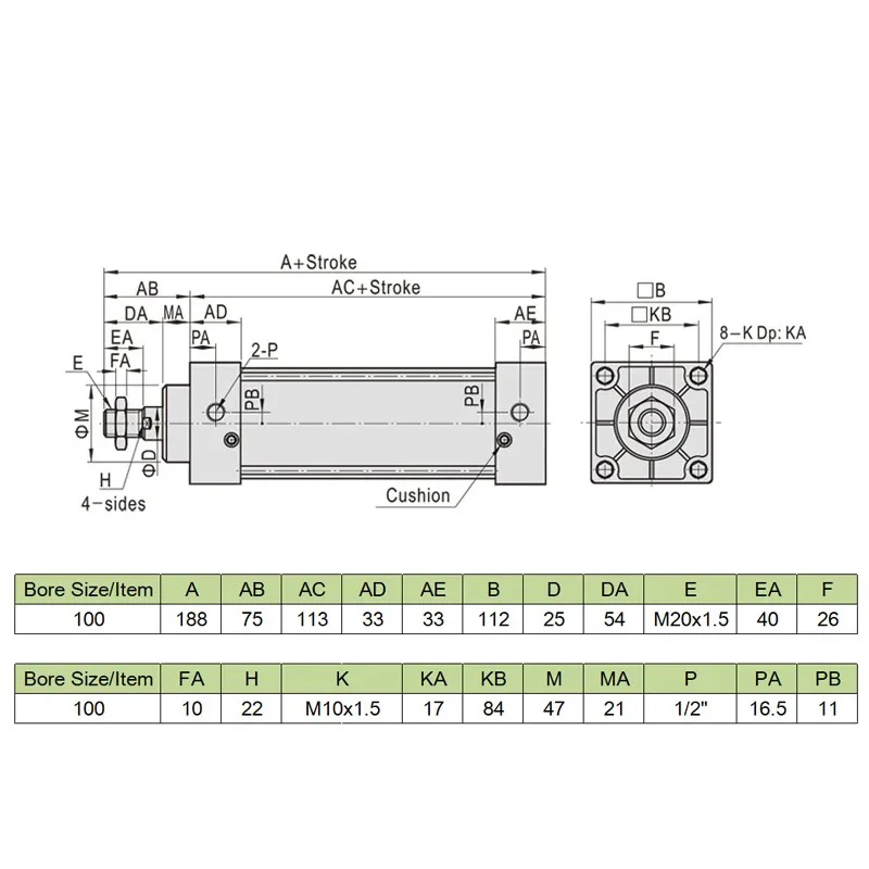 Cilindro de aire SC100 de doble acción, cilindro neumático de aleación de aluminio magnético, diámetro estándar de 100mm, carrera de 25-1000mm