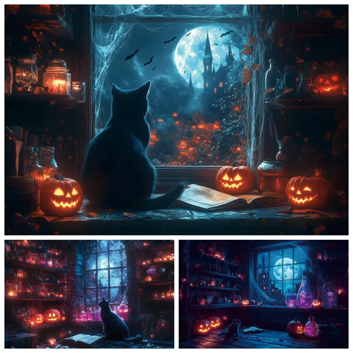 Halloween Photography Backdrop Horror Moon Night Magic Castle Potion Black Cat Pumpkin Lantern Halloween Decoration Background