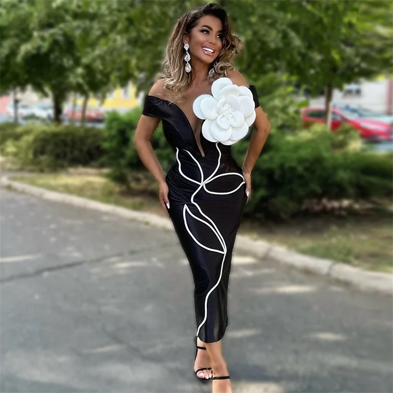 

Black Evening Dress Sexy Off Shoulder Long Sheath Slim Formal Casual 3D Flower Birthday Prom Party Dress Robe De Mariée