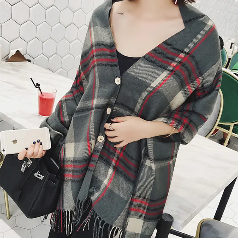 Cloak  Shawl Imitation Cashmere  Poncho Cape Spring Autumn Knitted Shawl with Button Scarf  Multifunctional Women Capes Khaki