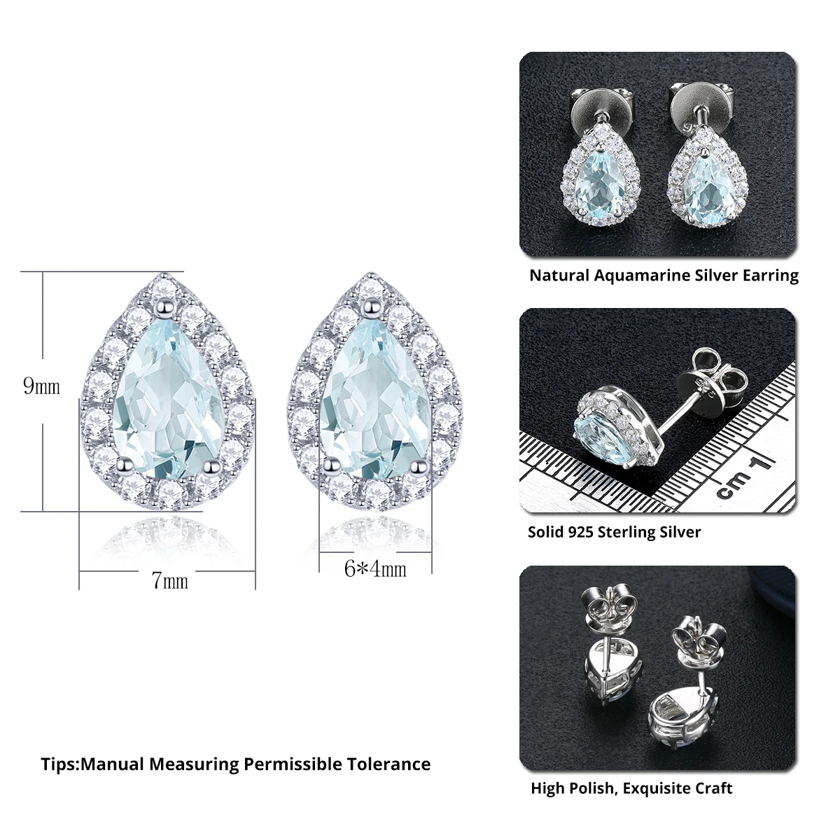 Natural Aquamarine Sterling Silver Earring 0.8 Carats Genuine Gemstone Light Blue Color Classic Daily Decorations S925 Gifts