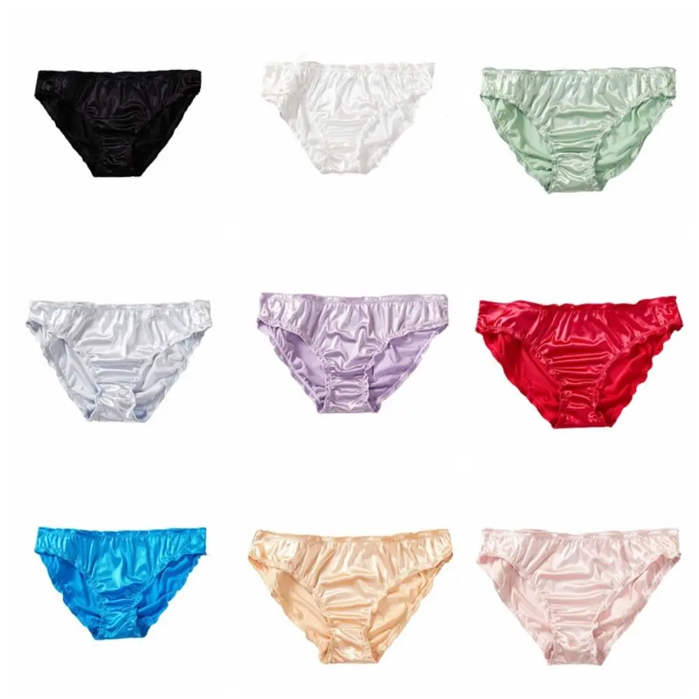 Moda cintura baixa cetim calcinha de seda fina cuecas babados briefs feminino lingeries cor sólida calcinha feminina senhora