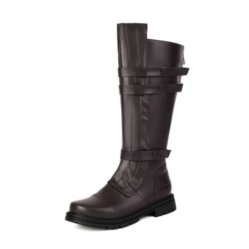 

Женские сапоги до колена, повседневные мужские сапоги до колена с круглым носком, толстые каблуки 3 см, пряжки на молнии, большой размер 47 Black Routine Bota