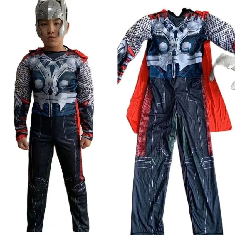 Children Thor Muscle Cos Costumes Cloak Boy Superhero Cosplay Costume With Mask Jumpsuits Halloween Carnival Clothes for Kids