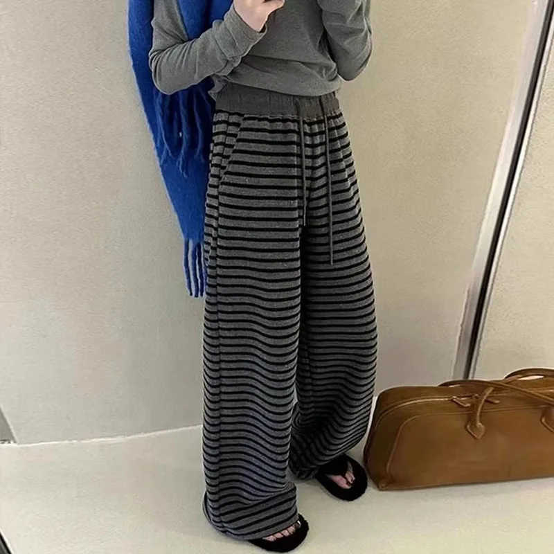 2026 Autumn and Winter New Loose High-waisted Floor-mopping Trousers Contrasting Colors Striped Wide-legged Women