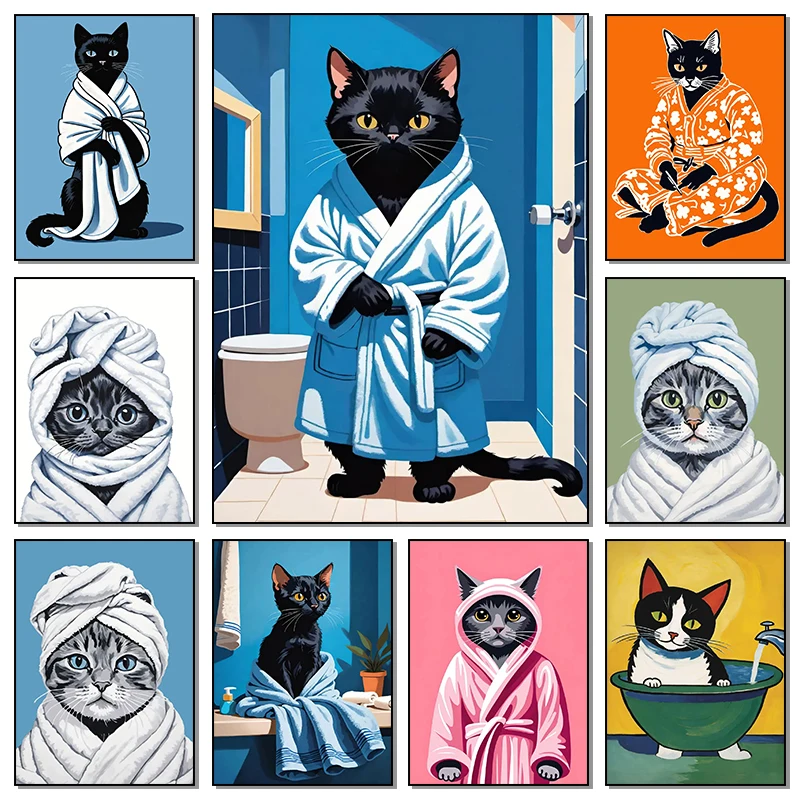 Cute Bathroom Cat Poster Print Canvas Painting Modern Funny Kitten Wearing Bathrobe Wall Art Pictures for Toilet Room Home Decor