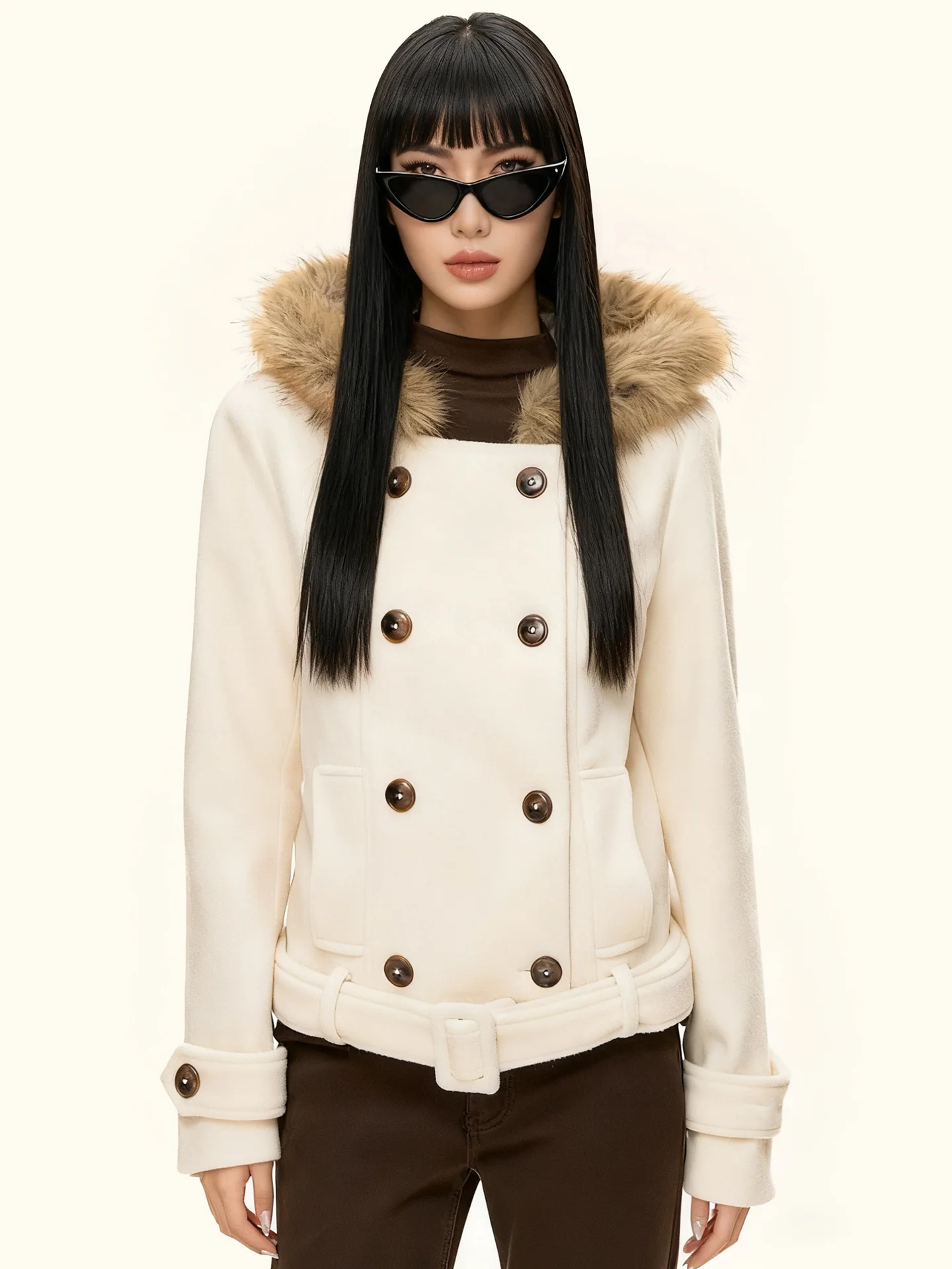 

JYOOK Новое осенне-зимнее женское шерстяное пальто в корейском стиле, двубортное, модная верхняя одежда с меховым воротником