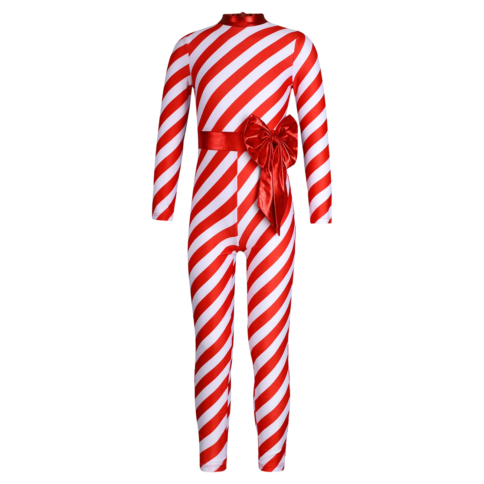 

Kids Girls Candy Cane Striped Ballet Dance Jumpsuit Christmas Performance Costume Long Sleeve Bowknot Leotard Gymnastic Bodysuit