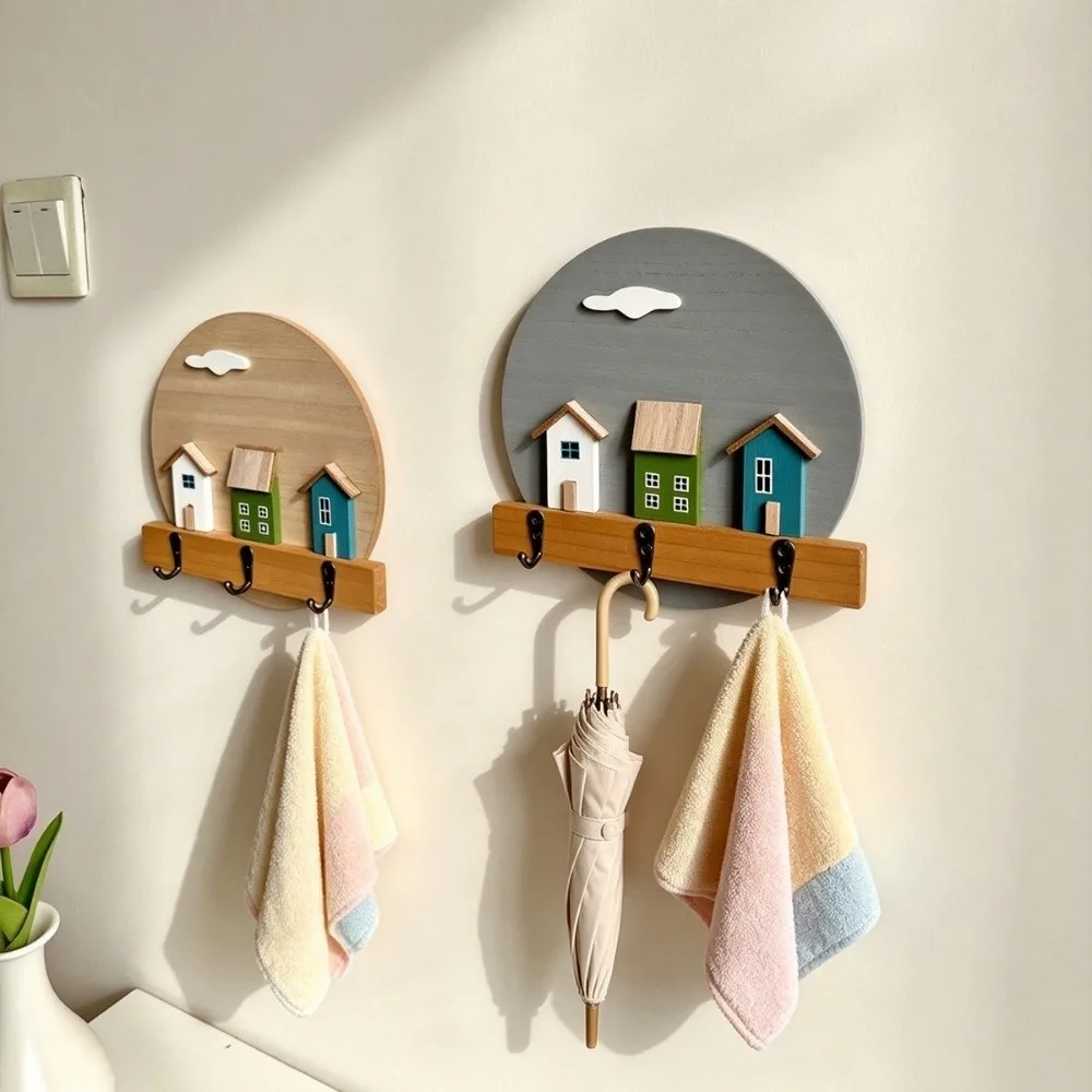 Round Shape Wooden Wall Hook Nordic Style Multi Hook Entrance Key Rack No Punching 3D House Coat Rack Porch Use
