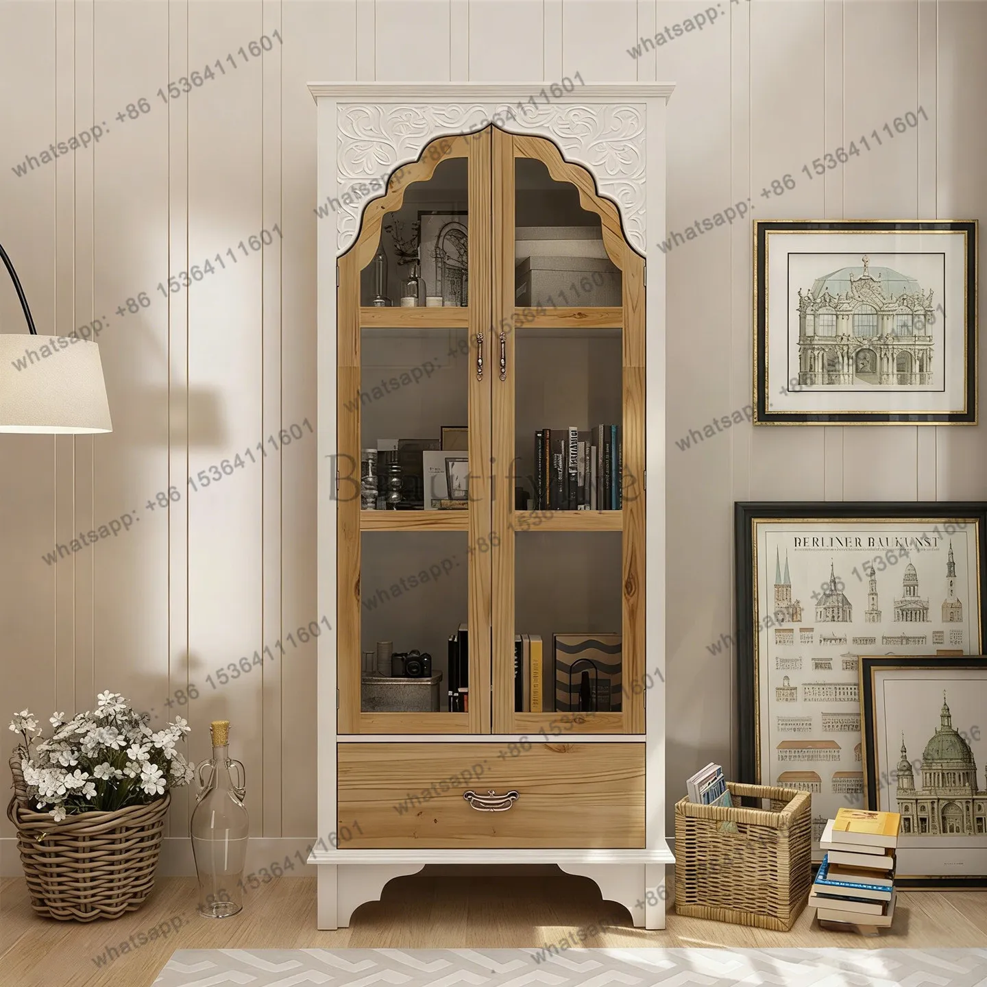 

American luxury solid wood bookcase, log style living room two-color glass door