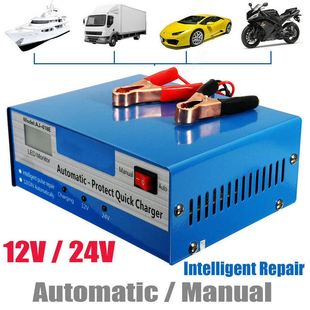 

Car Battery Charger 10A 12V/24V 6-200AH Car Battery Charger Motorcycle Automatic Intelligent Pulse Repair Intelligent Charging