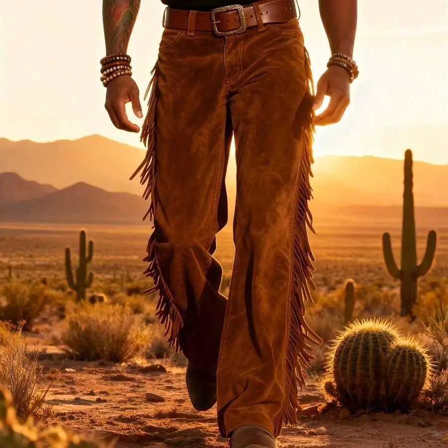 Mens Vintage-Inspired Western Style Fringe Decorated Suede-Look Trousers Loose Straight Cut