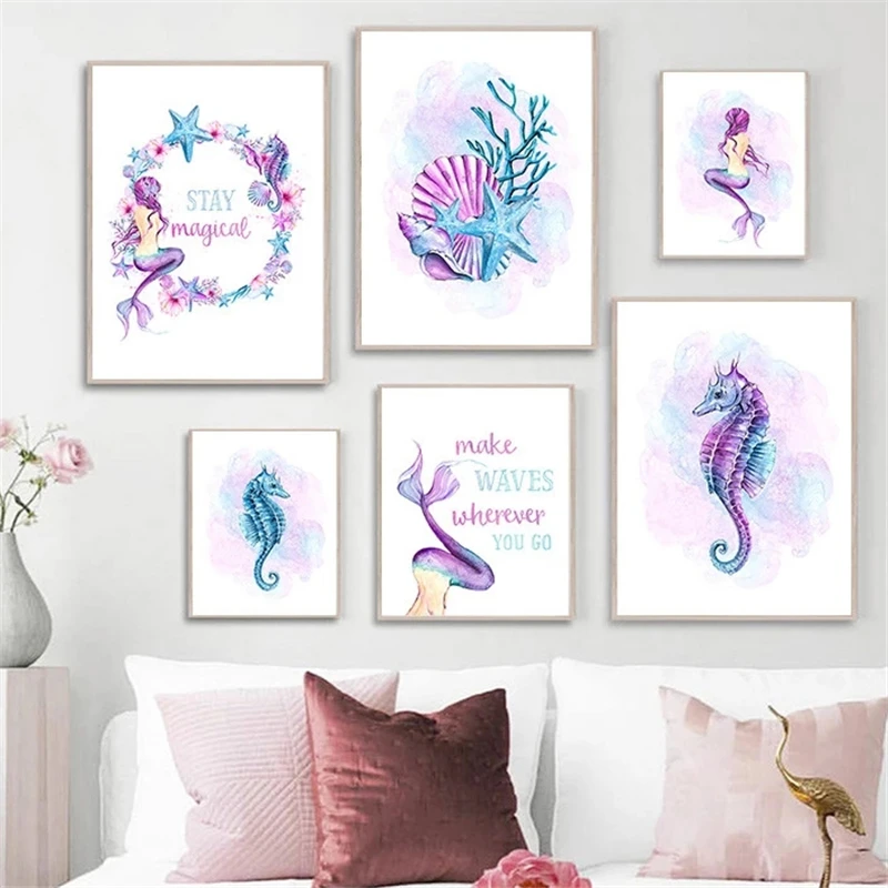 1PC frameless decorative art print,Starfish Hippocampus Mermaid Poster Cartoon Nordic Poster and Print White Purple Canvas Paint
