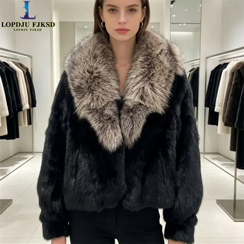 Elegant Real Rex Rabbit Fur Coat for Women Autumn Winter Short Jacket with Thick Warm Fox Fur Collar Warm Outerwear