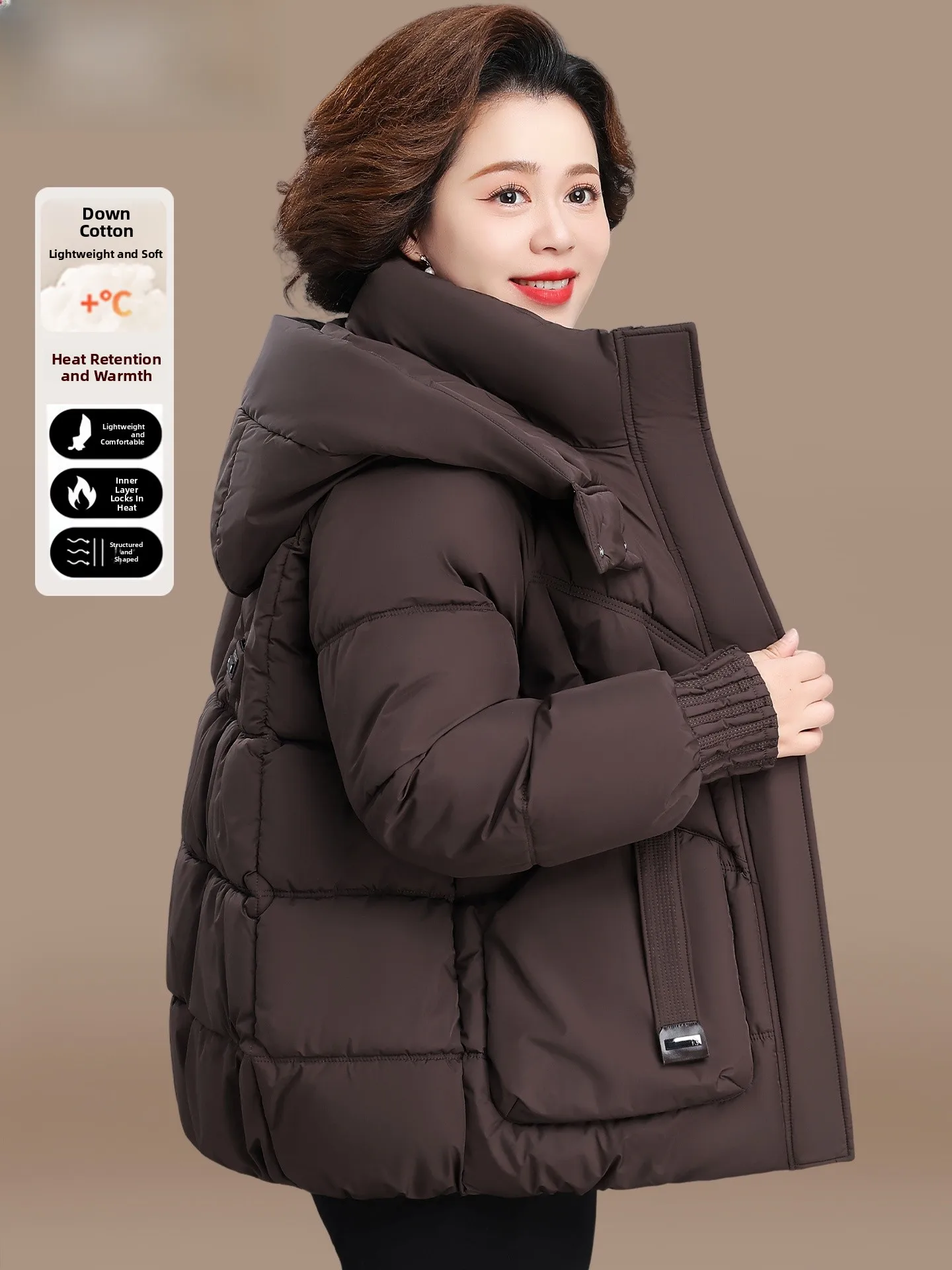 

Fashionable Winter Jacket Quilted Cotton Coat for Middle-Aged And Elderly Women Warmth Style Zipper Closure Hooded Coat