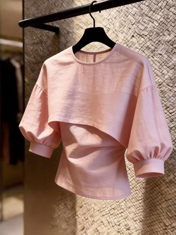 

Spring Summer New Design Pink round Neck Shirt Women's Unique Beautiful Super Good Looking Top French Style Slim Fit Tee