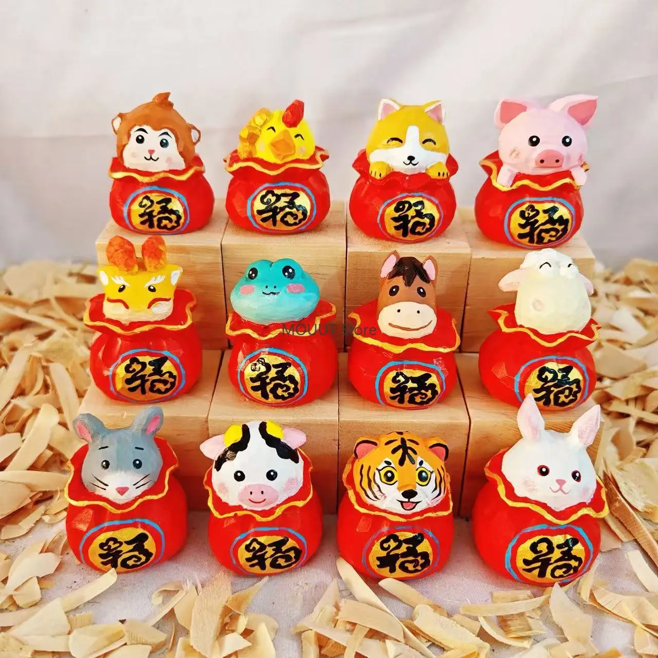 Twelve Chinese Zodiac Hand-carved wood Lucky Ornaments Cute Cartoon Figurines room decoration accessories for friend couple