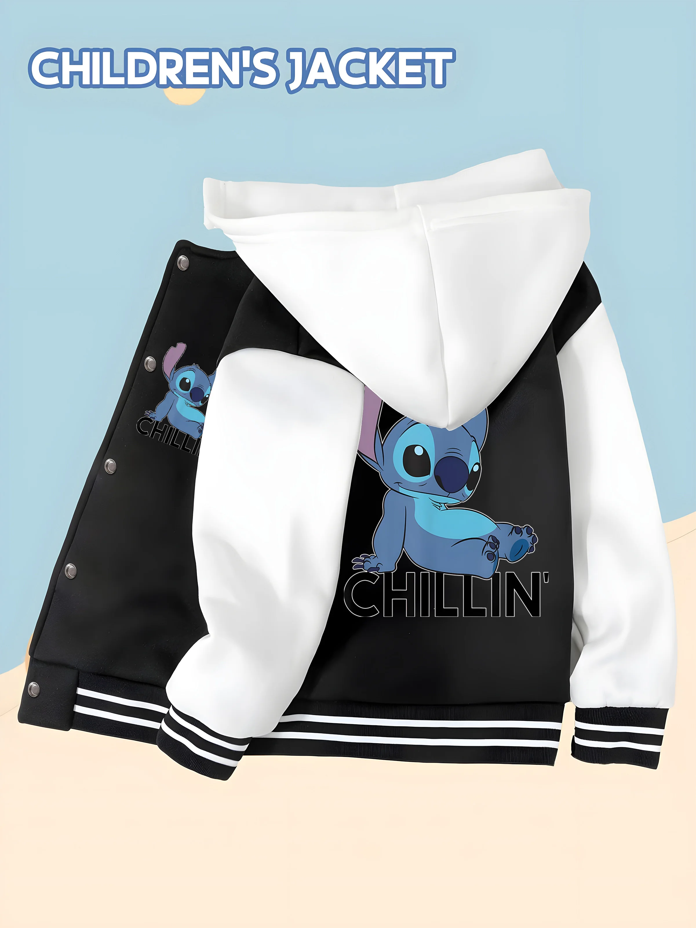 

MINISO Disney Boys' Baseball Jacket - Stitch "CHILLIN" Slouchy Fit, Double-sided Stitch Print, Comfortable Fabric, Casual