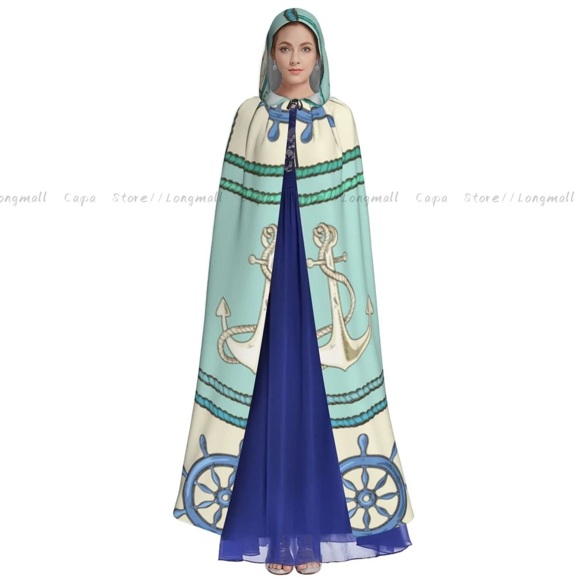 Adult Halloween Nautical Patchwork With Ropes Starfish Wheel Compass Cloak Cape Hooded Medieval Costume Full Length Dress Coat