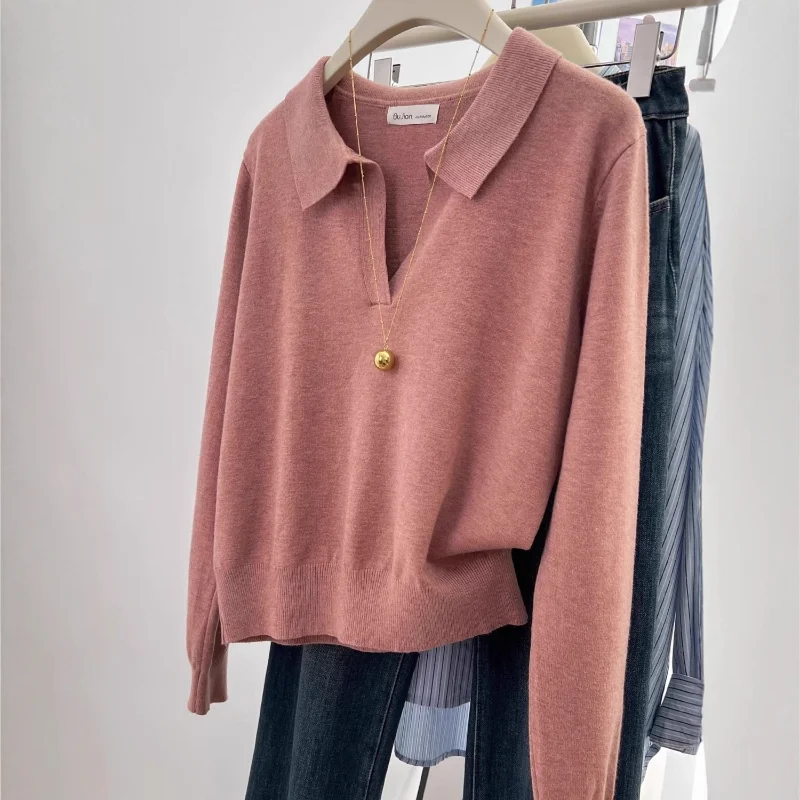 

Polo Collar Pullover Knitwear Women Autumn Winter New Style Korean Style Soft Casual Inner Wear Niche Temperament Slim Fit Top