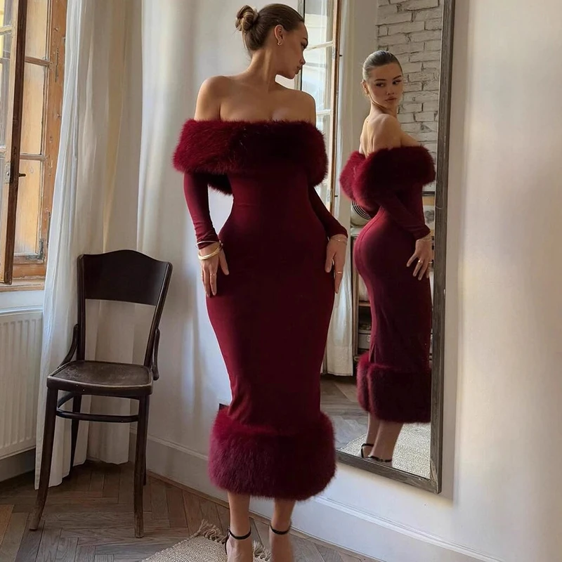 

Typhaland Fashion Furry Collar Slim Long Dress Women's Elegant Long Sleeve Hgh Waist Slit Female Banquet Dress 2025 Autumn New
