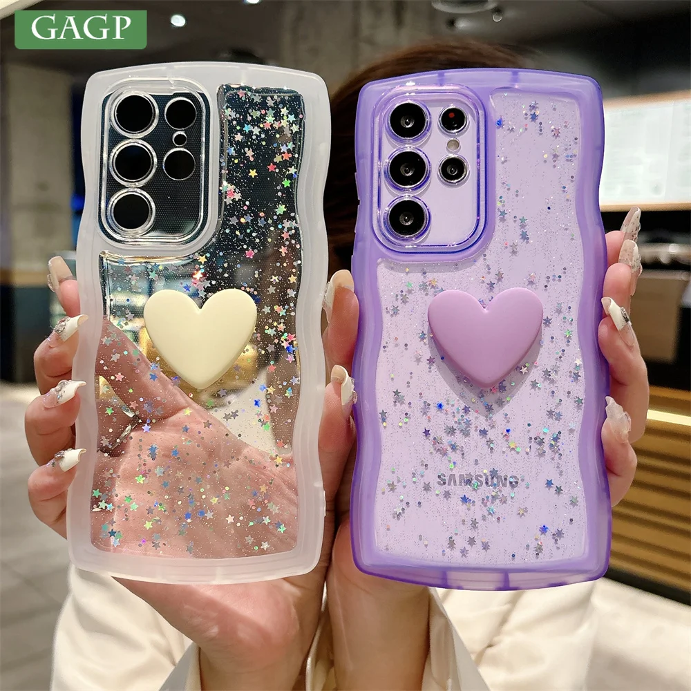 Transparent Love Heart Glitter Case for Samsung Galaxy S24 S23 S22 Plus Ultra S20 S21 FE A05 A73 A54 A55 A35 A25 A15 A14 Cover