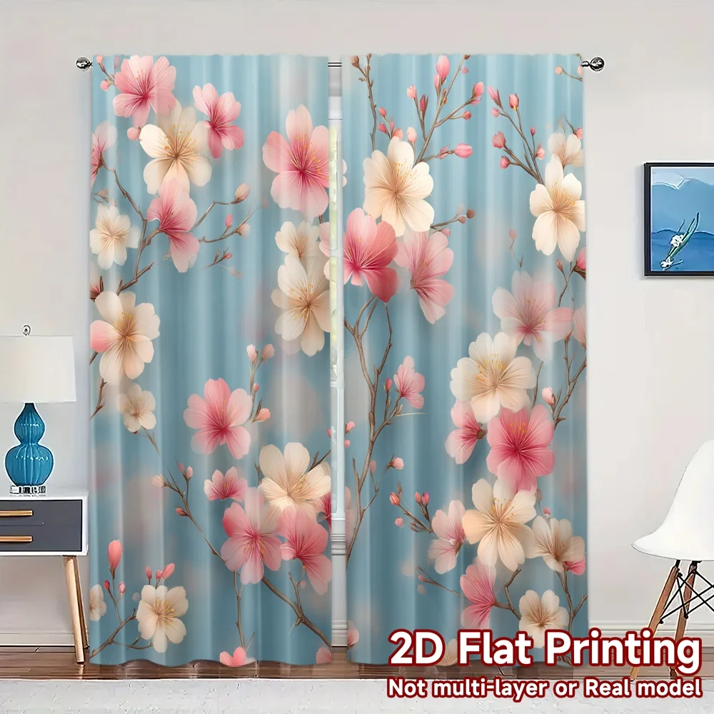 2pcs,Curtains Cherry Blossoms on Blue Popular Creative Curtains Durable 100% Polyester Fabric Curtains Versatile All Decorative