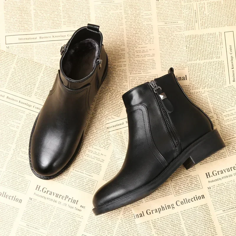 Plus Size damskie botki zimowe czarne ciepłe pluszowe boczny zamek błyskawiczny bawełniane buty damskie na niskim obcasie luksusowe Chelsea Boots