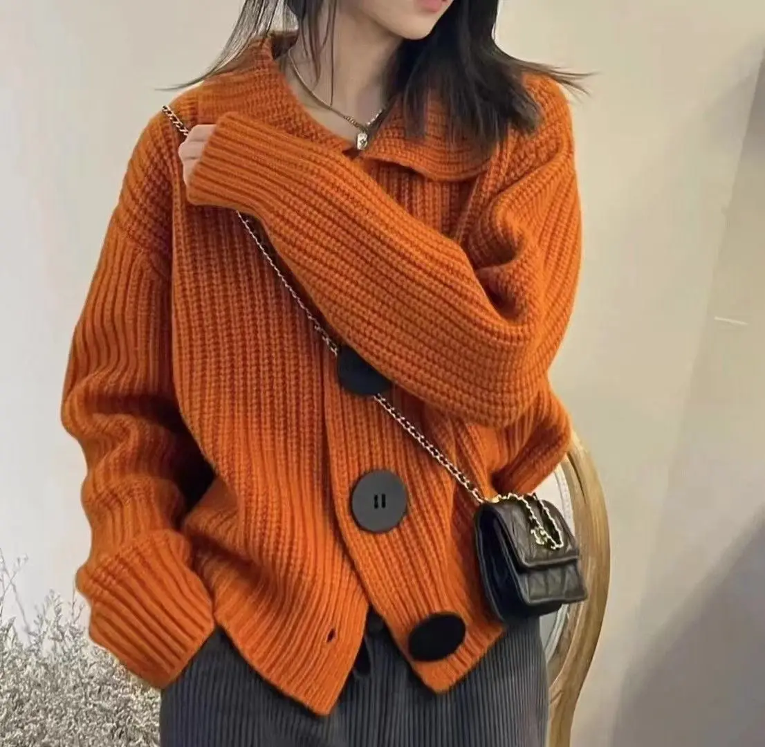 

Solid Color Thick Needle Button Sweater Cardigan Lapel Long Sleeve Big Button Sweater Coat Simple Fashion Shawl Worn Outside Top