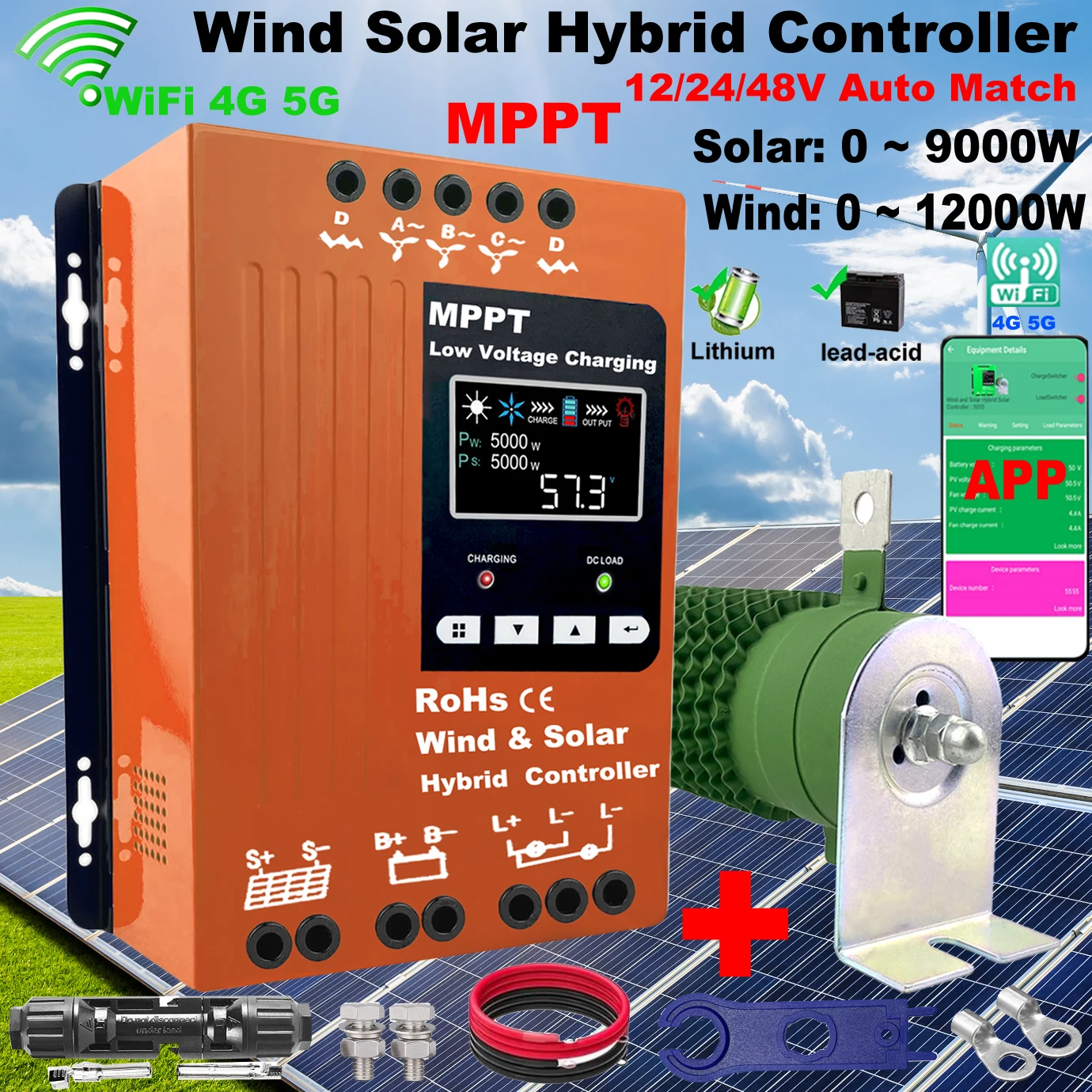 

5000 Вт встроенный Wi-Fi 12 В 24 В 48 В MPPT гибридный солнечный контроллер ветряная турбина, с разгрузочной нагрузкой ЖК-дисплей, для полной батареи Lifepo4