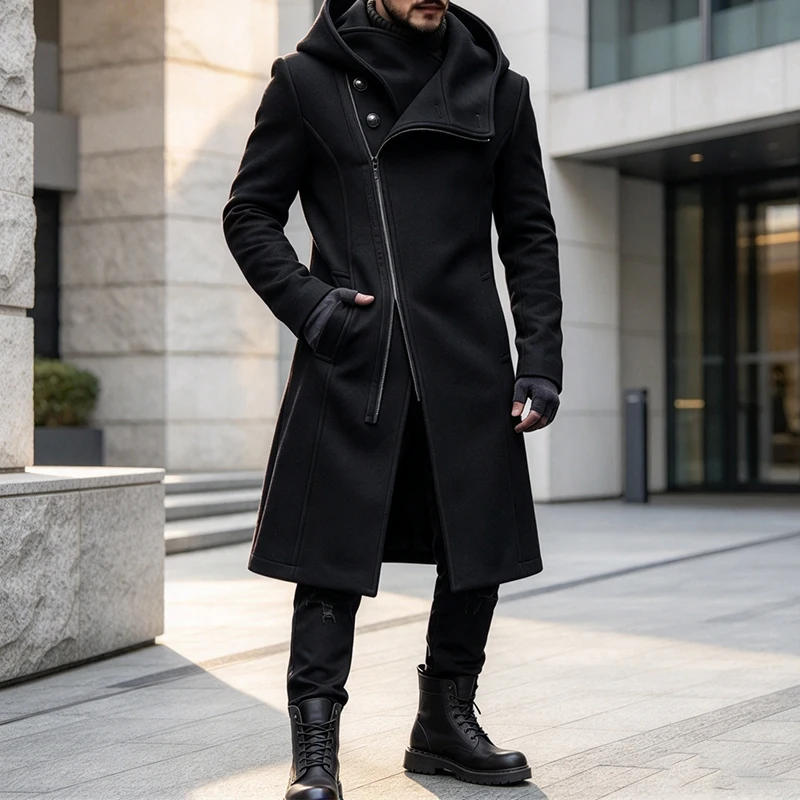 2026 Fall Winter Hooded Zipper Long Wool Coat Mens Slim Fit Warm Windproof Mid‑Long Casual Outerwear Tops For Men