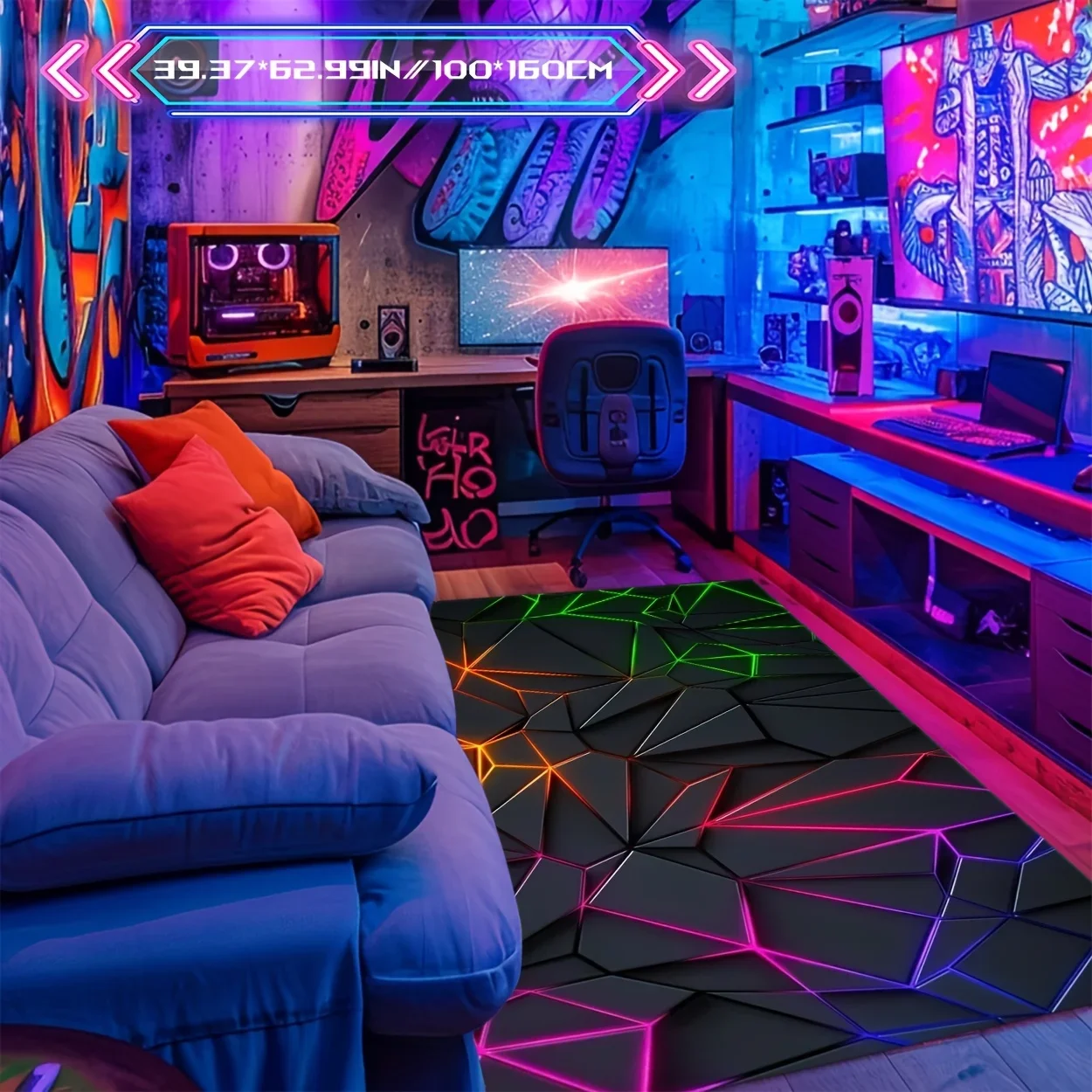 Modern Tech Neon Light Geometric Luxury Pattern | Non-Slip, Washable Polyester Rug for Gaming Rooms, Computer Areas, Bars, Liv