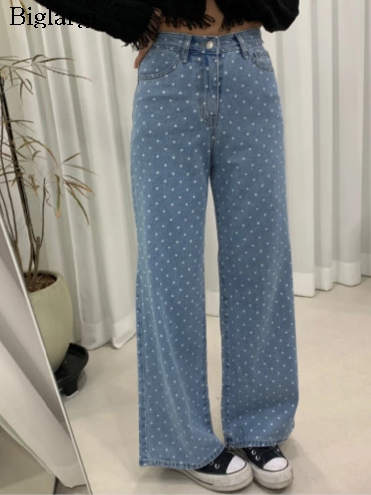 

Jeans High Waist Spring Autumn Long Pant Women Polka Dot Print Fashion Retro Ladies Trousers Casual Woman Straight Pants