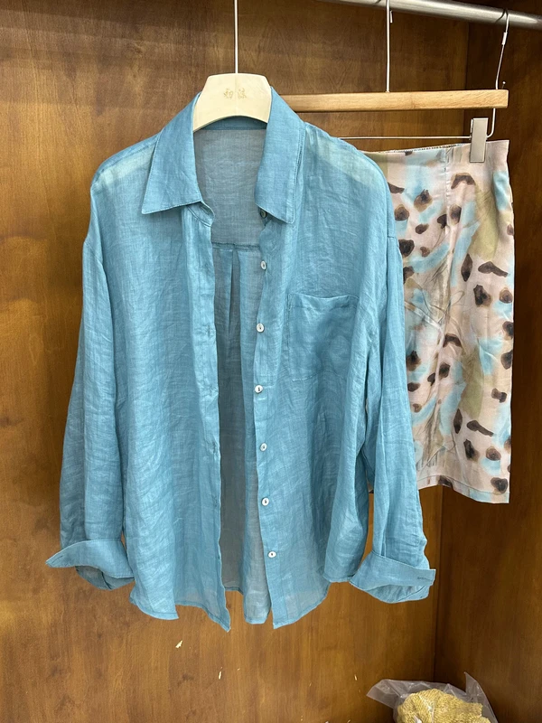 

Summer Island Vacation Style 100% Linen Two-Piece Set Women's Shirt And Leopard Print Skirt Long Sleeve Flip Collar