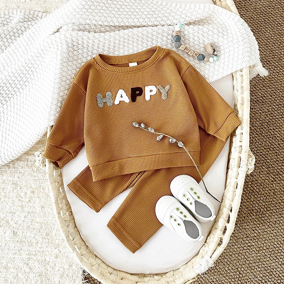 Baby 2Pcs Outfit Spring Waffle Knit Letter Applique Long Sleeve Top + Solid Pants Unisex Toddler Casual Clothes Set