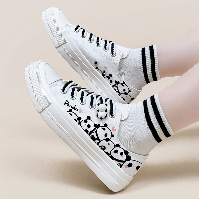 Amy and Michael Lovely Anime Panda Hand Painted Canvas Shoes Kawaii Girls Students Espadrilles Woman Vulcanize Shoes