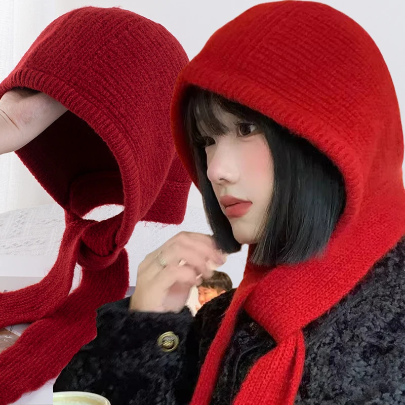 Korean Winter Balaclava Windproof Scarf Hat Little Red Riding Hood Autumn Winter Warm Unisex Hooded Hats Ear Protection Cap