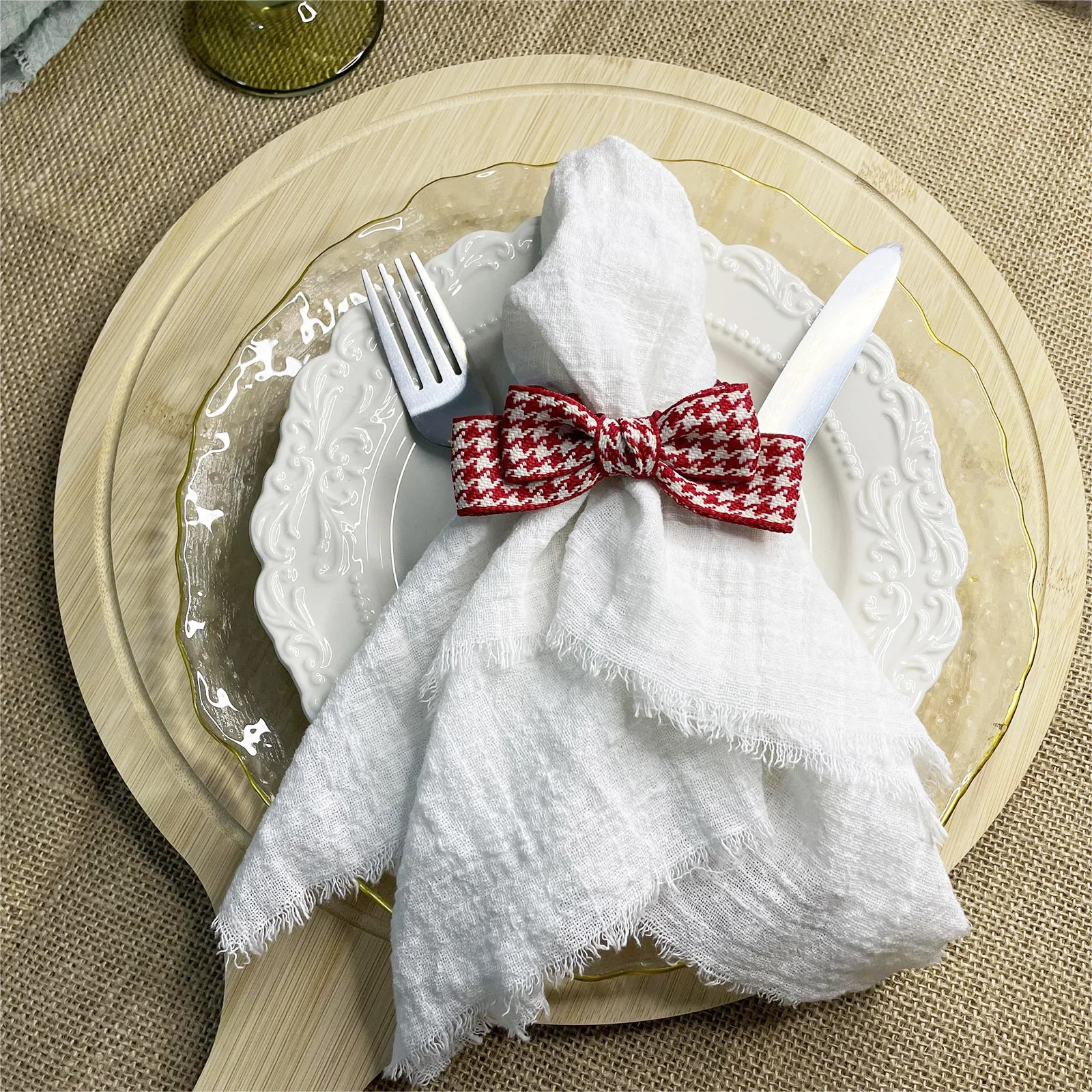 Cotton Linen Napkin 40x40cm, with Red White Napkin Belt For Dinner Party Wedding Table Decor, White Handmade Cloth Napkins