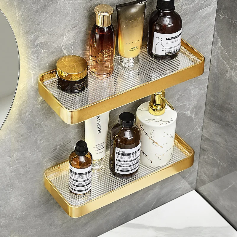 Brushed Gold Aluminum Bathroom Shelf Wall-mounted Shower Room Storage Rack Shower Shelving Bathroom Accessories