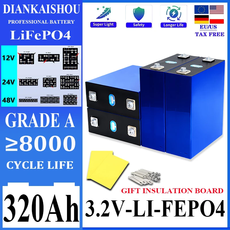 1-16PCS 320Ah 3.2V Lifepo4 Battery 8000 Cycles Grade A Rechargeable Batteries DIY 12V 24V 48V RV EV Boat Yacht Vans Cells Pack